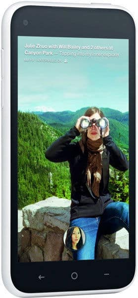 HTC First smartphone front view displaying a social media feed with a photo of a person outdoors looking through binoculars