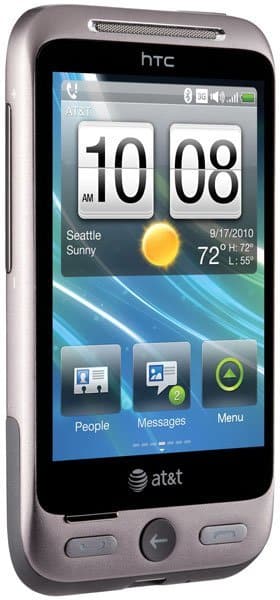 HTC Freestyle front view, showing home screen with weather widget, app icons, and physical buttons below display