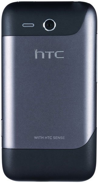 HTC Freestyle phone, rear view, showing silver and black casing with camera lens and HTC branding