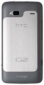HTC G2 smartphone, rear view, showing silver brushed metal back panel with HTC and G2 branding, black frame, and Google logo at bottom