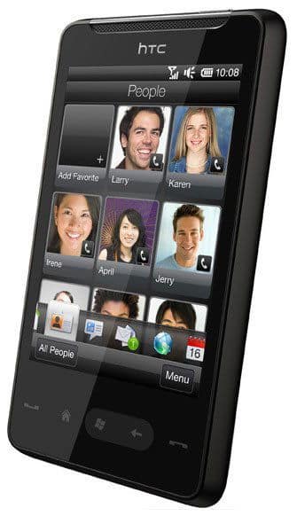 HTC Touch HD Mini front view displaying People contacts screen with thumbnail photos of multiple contacts