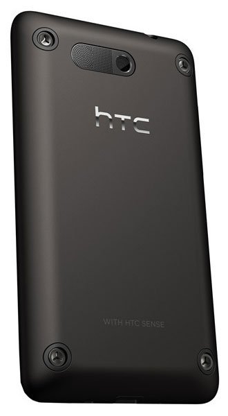 HTC Touch HD Mini rear view, black phone with speaker grille and camera lenses visible