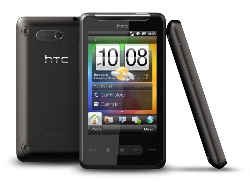 HTC Touch HD Mini smartphone shown from front, back, and side views, displaying home screen with time 10:08 and weather information