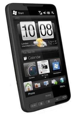 HTC HD2 Touch smartphone displaying home screen with clock widget, calendar, and app icons, front view