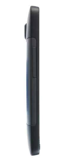 HTC HD2 Touch side view, showing sleek black phone with curved edges and control buttons along the spine