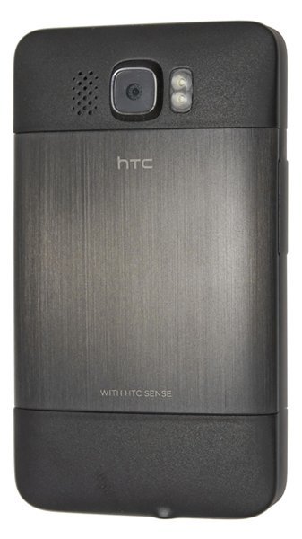 HTC HD2 Touch rear view, black phone with brushed metal center panel, camera and flash visible at top