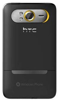 HTC HD7 rear view, black phone with gold camera ring and Windows Phone branding