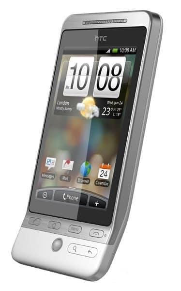 HTC Hero smartphone displaying home screen with weather widget and app icons, front view
