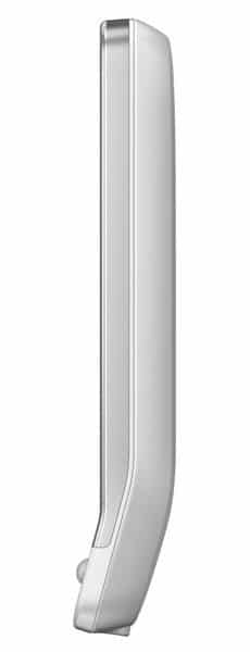 HTC Hero smartphone, side view, showing curved white body with ribbed back panel and volume control