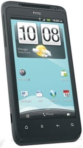 HTC EVO Design 4G front view, black smartphone with blue home screen displaying time 10:08 and weather widget