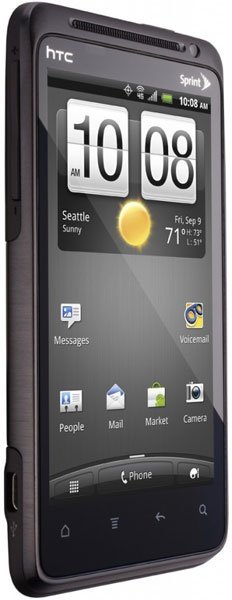 HTC EVO Design 4G front view, black smartphone displaying home screen with weather widget and app icons