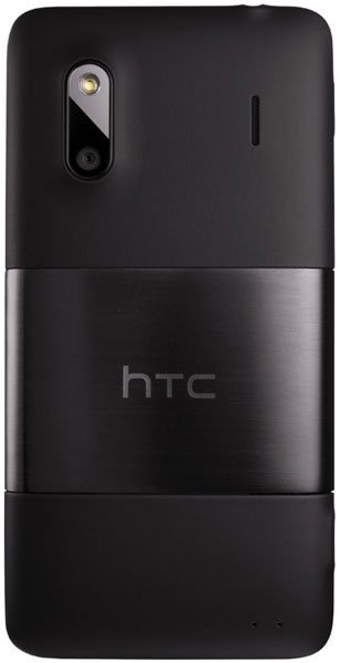 HTC EVO Design 4G rear view, black phone with brushed metal band and camera lens