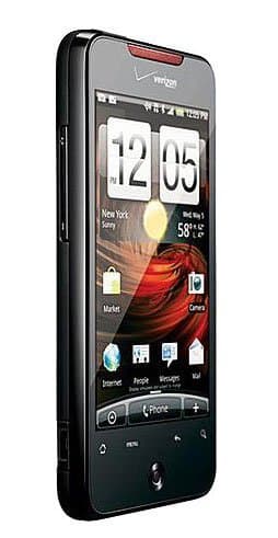 HTC Droid Incredible smartphone displaying home screen with clock widget, apps, and status bar, shown from front angle