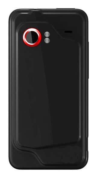 HTC Droid Incredible rear view, black phone with red camera ring and dual flash