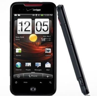 HTC Droid Incredible front and side view, showing clock widget and app icons on display