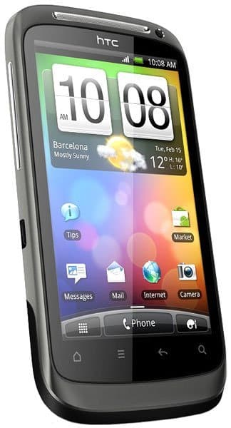 HTC Incredible S smartphone, front view, displaying colorful home screen with weather widget and app icons