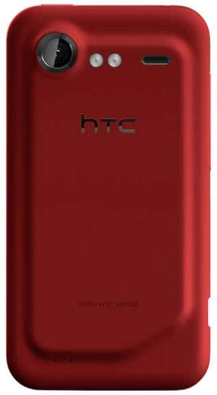 HTC Incredible S rear view, red phone with camera lens and HTC branding visible on back