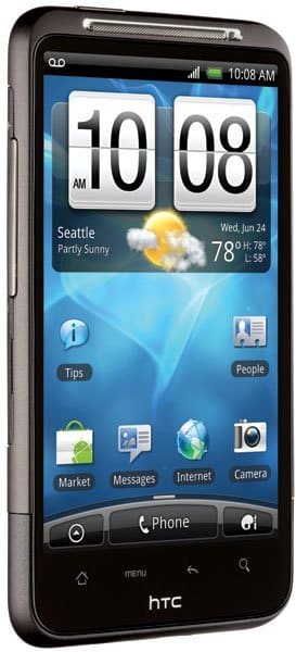 HTC Inspire 4G front view showing home screen with weather widget, time 10:08 AM, and app icons