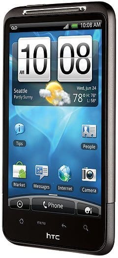HTC Inspire 4G smartphone displayed front-on, showing home screen with time 10:08 AM, weather widget, and app grid including Market, Messages, Internet, and Camera