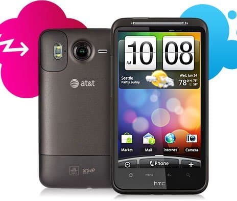 HTC Inspire 4G front and rear views showing black phone with AT&T branding, camera, and home screen displaying weather and apps