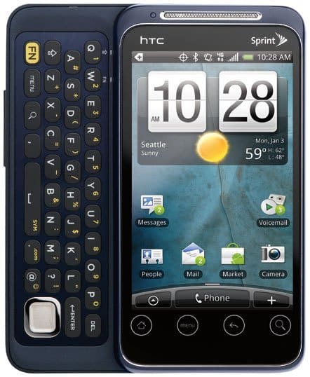 HTC EVO Shift 4G with slide-out QWERTY keyboard on left, touchscreen on right displaying home screen with clock showing 10:28 AM