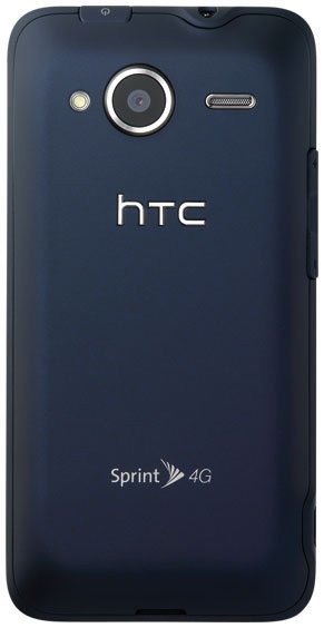 HTC EVO Shift 4G rear view, dark blue phone with camera and flash, HTC and Sprint 4G logos visible