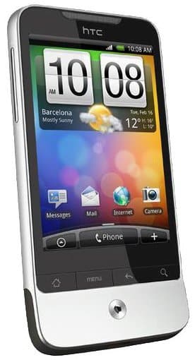 HTC Legend smartphone displayed front-on, showing colorful home screen with weather widget and app icons on display