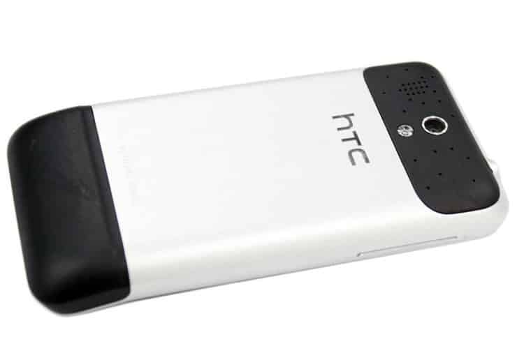 HTC Legend smartphone, rear view, white back panel with black accent stripe and camera module
