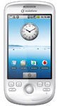 HTC Magic+ smartphone shown from the front, displaying home screen with clock widget and app icons on white background