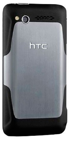 HTC Merge rear view, black and silver candybar phone with camera lens and flash visible