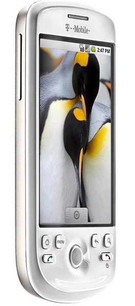 HTC MyTouch 3G front view, white smartphone displaying penguin image on screen with physical buttons below