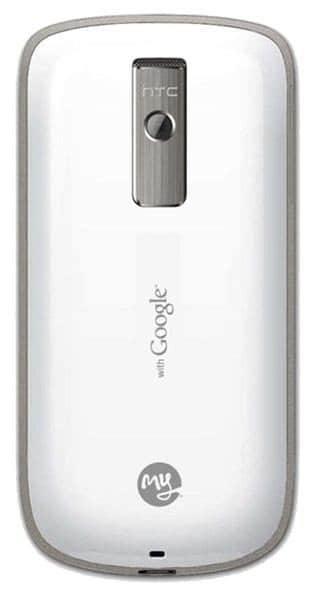 HTC MyTouch 3G rear view showing white back panel with camera, HTC logo, and Google branding