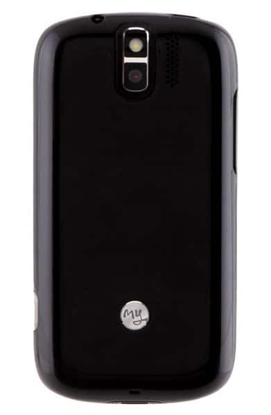 HTC MyTouch 3G Slide rear view, black phone with camera and flash visible at top, MyTouch logo at bottom