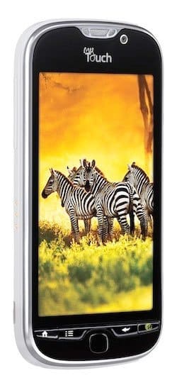 HTC Panache front view, black smartphone with zebras and savanna landscape on screen