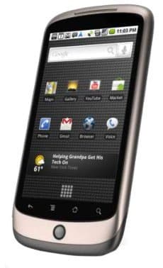 HTC Nexus One smartphone displayed at front angle, showing home screen with app icons and status bar