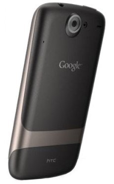 HTC Nexus One phone, rear view, showing black casing with Google logo and camera lens