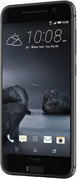 HTC One A9 smartphone front view with screen displaying weather and time at 10:08 AM