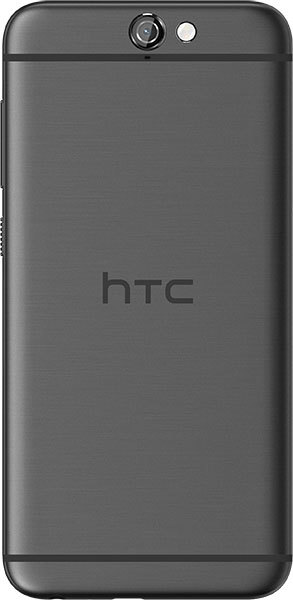 HTC One A9 smartphone rear view, showing dark gray back panel with camera lens and HTC logo