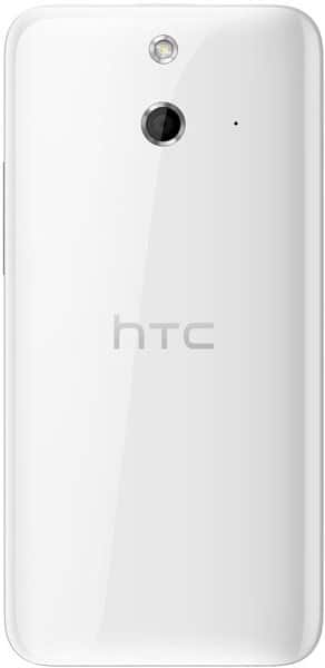 HTC One (E8) rear view, white phone showing camera lens and HTC branding on back panel