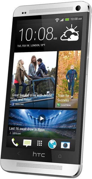 Front view of a silver HTC One showing home screen at 10:08, weather, news updates, and physical navigation buttons below.
