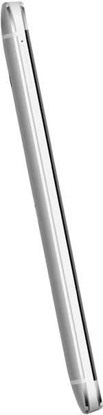 HTC One smartphone side view displaying slim silver body, thin profile, and rounded edges.