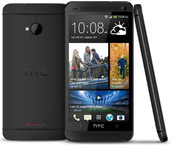 Black HTC One shown from front, rear, and side views; front display shows 10:08 AM, weather, notifications, and images.