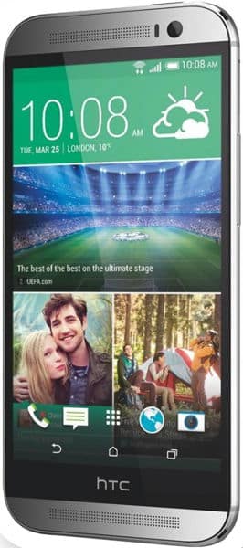 HTC One (M8) front view with weather widget, sports stadium image, and photo thumbnails on home screen
