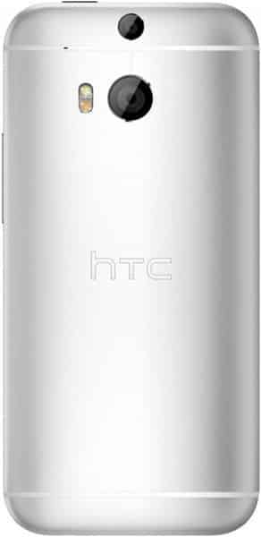 HTC One (M8) rear view, silver, showing dual rear cameras and HTC logo on back