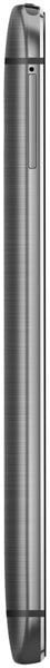 HTC One (M8) for Windows, side view, showing sleek metallic silver body with curved edges and camera module