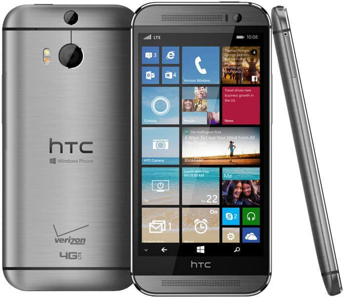 HTC One (M8) for Windows shown front, back, and side views with Windows Phone home screen displaying app tiles
