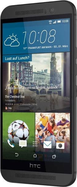 HTC One (M9) front view showing home screen with weather widget, news cards, and app grid including soccer, mail, and camera icons