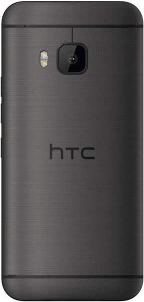 HTC One (M9) rear view, showing dark brushed metal back with camera and flash