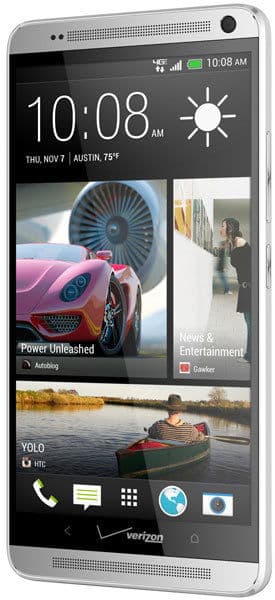 HTC One max smartphone, front view, displaying home screen with time, weather, and content widgets including car and entertainment images