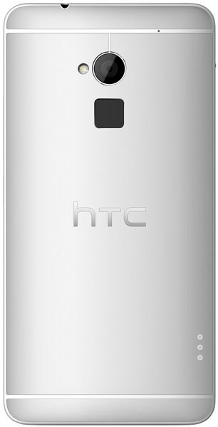 HTC One max rear view, silver metal back with camera, speaker, and HTC logo visible
